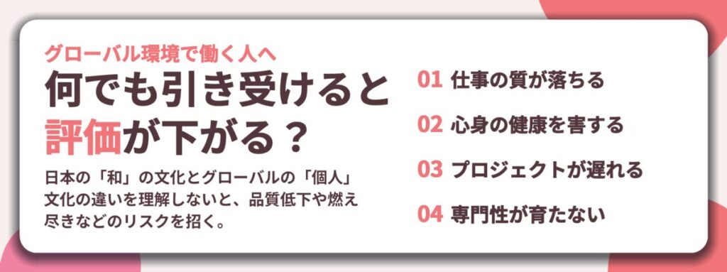 何でも引き受けると 評価が下がる？。仕事の質が落ちる、心身の健康を害する、プロジェクトが遅れる、専門性が育たない