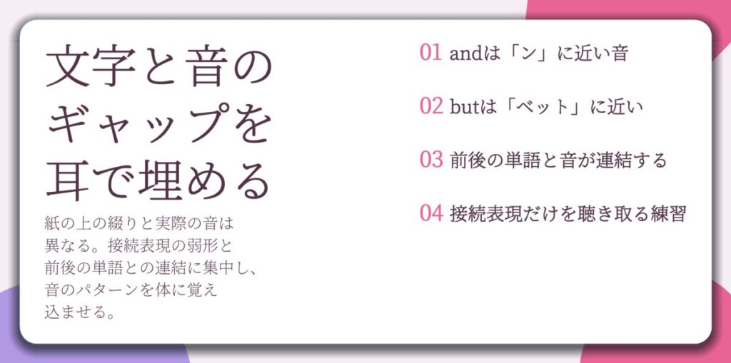 文字と音の ギャップを 耳で埋める。andは「ン」に近い音、butは「ベット」に近い、前後の単語と音が連結する、接続表現だけを聴き取る練習