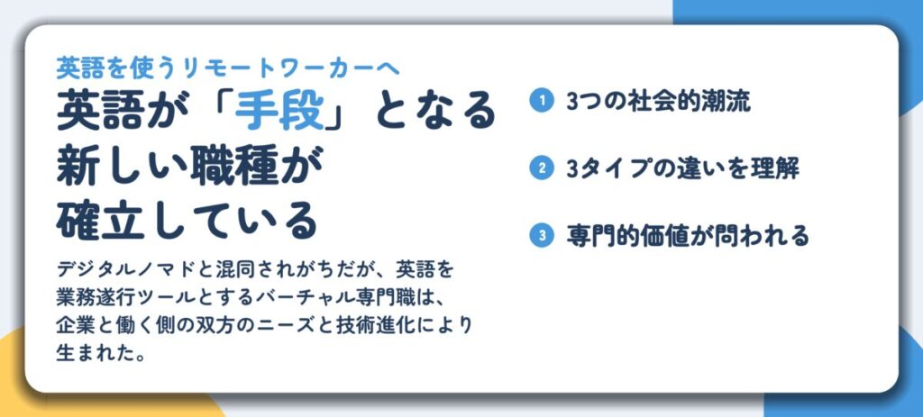 英語が「手段」となる 新しい職種が 確立している。3つの社会的潮流、3タイプの違いを理解、専門的価値が問われる