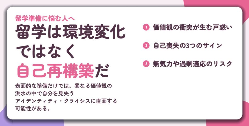 留学は環境変化 ではなく 自己再構築だ。価値観の衝突が生む戸惑い、自己喪失の3つのサイン、無気力や過剰適応のリスク