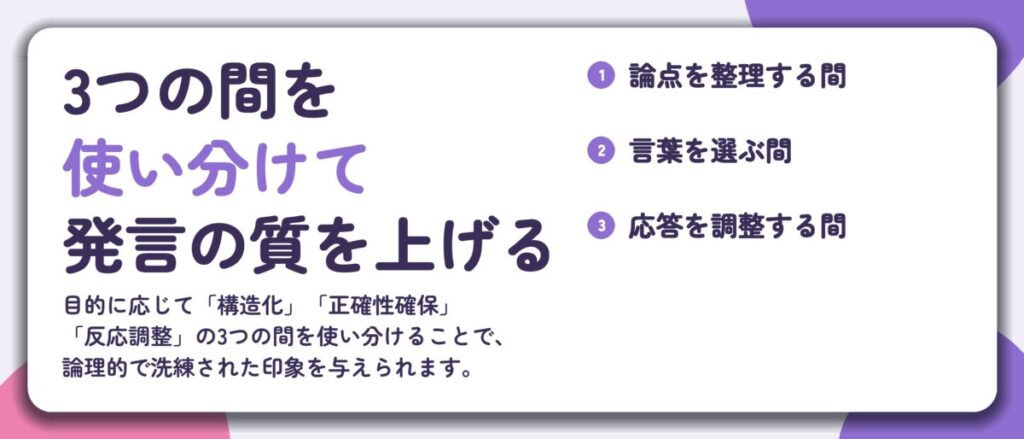 3つの間を 使い分けて 発言の質を上げる。論点を整理する間、言葉を選ぶ間、応答を調整する間