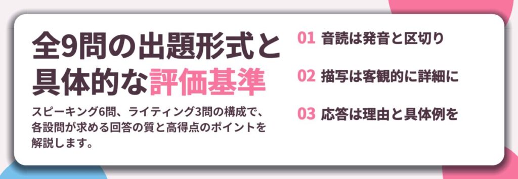 全9問の出題形式と 具体的な評価基準。音読は発音と区切り、描写は客観的に詳細に、応答は理由と具体例を