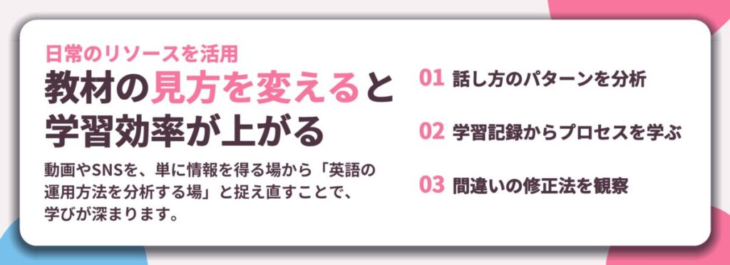 教材の見方を変えると 学習効率が上がる。話し方のパターンを分析、学習記録からプロセスを学ぶ、間違いの修正法を観察