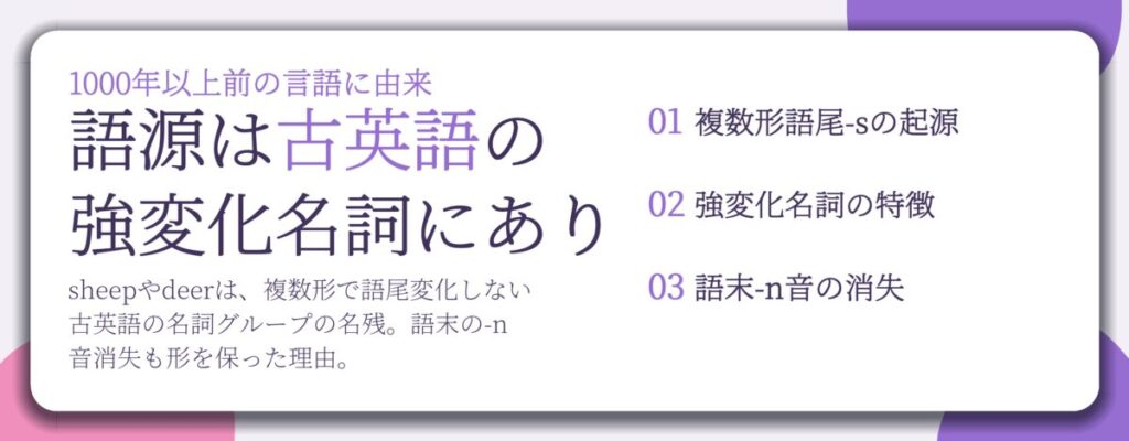語源は古英語の 強変化名詞にあり。複数形語尾-sの起源、強変化名詞の特徴、語末-n音の消失