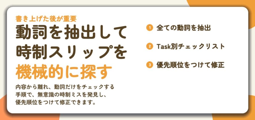 動詞を抽出して 時制スリップを 機械的に探す。全ての動詞を抽出、Task別チェックリスト、優先順位をつけて修正
