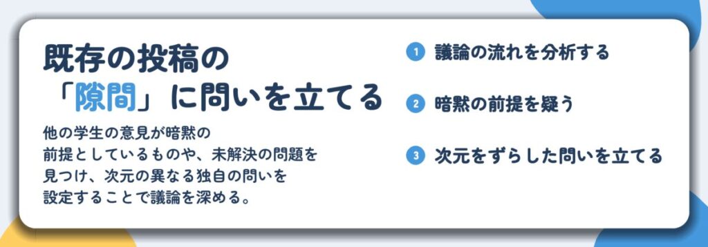 既存の投稿の 「隙間」に問いを立てる。議論の流れを分析する、暗黙の前提を疑う、次元をずらした問いを立てる