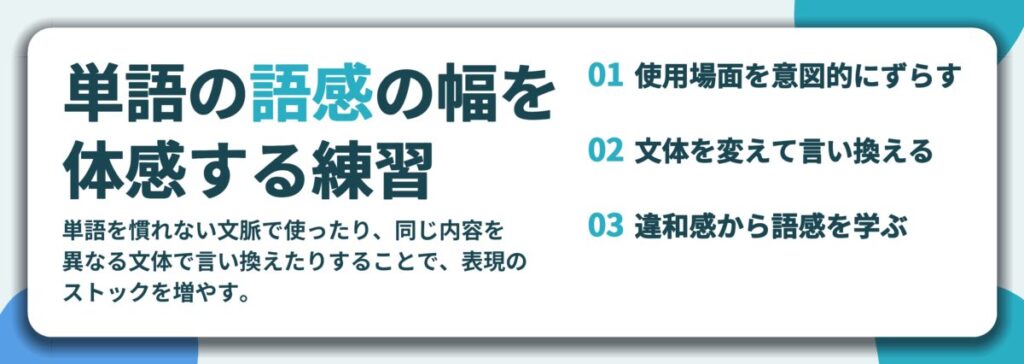 単語の語感の幅を 体感する練習。使用場面を意図的にずらす、文体を変えて言い換える、違和感から語感を学ぶ