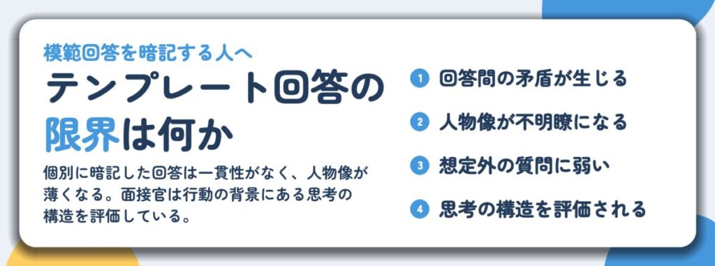 テンプレート回答の 限界は何か。回答間の矛盾が生じる、人物像が不明瞭になる、想定外の質問に弱い、思考の構造を評価される