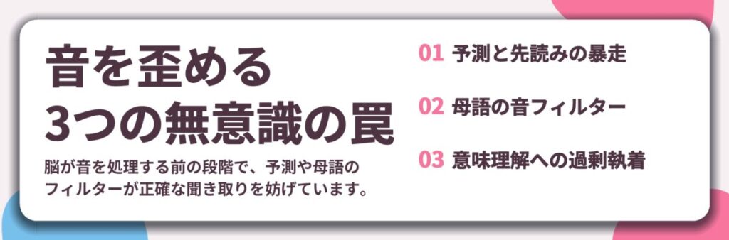 音を歪める 3つの無意識の罠。予測と先読みの暴走、母語の音フィルター、意味理解への過剰執着