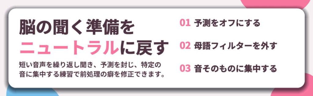 脳の聞く準備を ニュートラルに戻す。予測をオフにする、母語フィルターを外す、音そのものに集中する