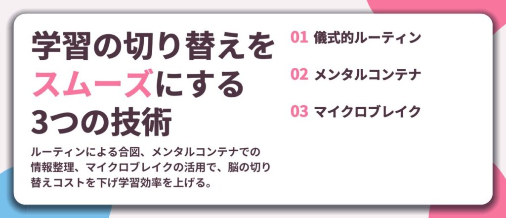学習の切り替えを スムーズにする 3つの技術。儀式的ルーティン、メンタルコンテナ、マイクロブレイク