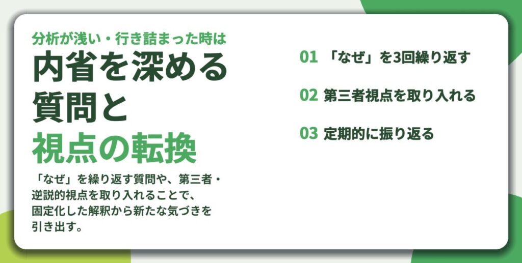 内省を深める 質問と 視点の転換。「なぜ」を3回繰り返す、第三者視点を取り入れる、定期的に振り返る