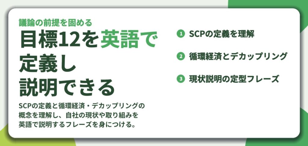 目標12を英語で 定義し 説明できる。SCPの定義を理解、循環経済とデカップリング、現状説明の定型フレーズ