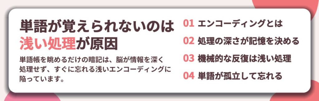 単語が覚えられないのは 浅い処理が原因。エンコーディングとは、処理の深さが記憶を決める、機械的な反復は浅い処理、単語が孤立して忘れる