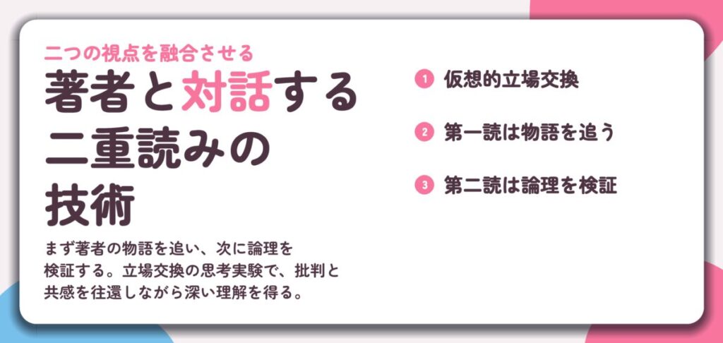 著者と対話する 二重読みの 技術。仮想的立場交換、第一読は物語を追う、第二読は論理を検証