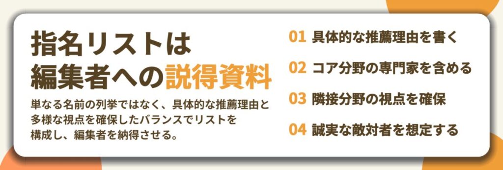 指名リストは 編集者への説得資料。具体的な推薦理由を書く、コア分野の専門家を含める、隣接分野の視点を確保、誠実な敵対者を想定する