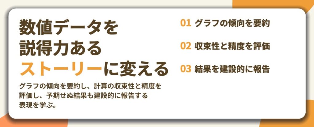 数値データを 説得力ある ストーリーに変える。グラフの傾向を要約、収束性と精度を評価、結果を建設的に報告
