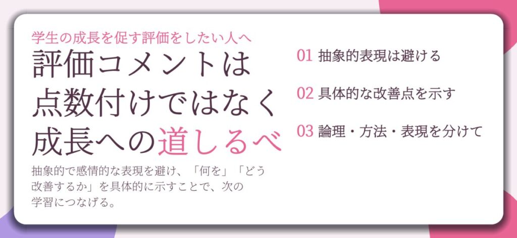 評価コメントは 点数付けではなく 成長への道しるべ。抽象的表現は避ける、具体的な改善点を示す、論理・方法・表現を分けて