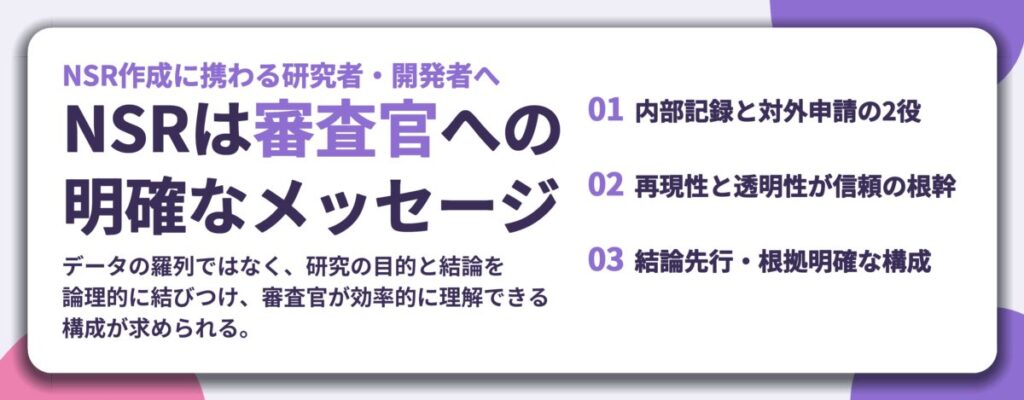 NSRは審査官への 明確なメッセージ。内部記録と対外申請の2役、再現性と透明性が信頼の根幹、結論先行・根拠明確な構成
