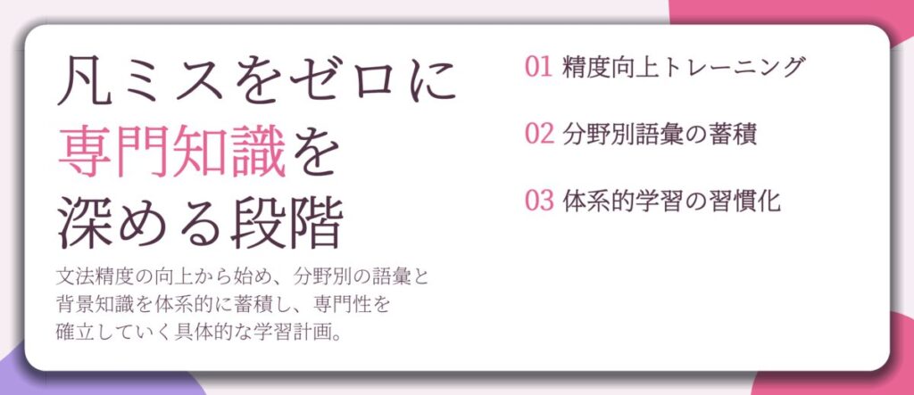 凡ミスをゼロに 専門知識を 深める段階。精度向上トレーニング、分野別語彙の蓄積、体系的学習の習慣化