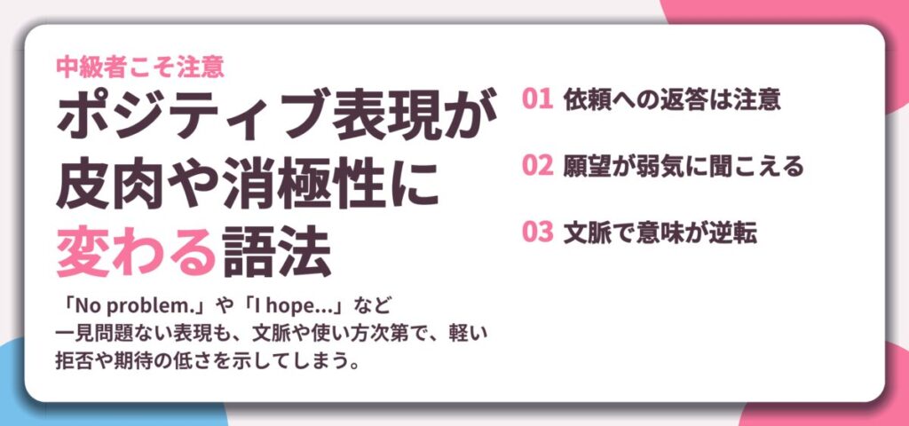 ポジティブ表現が 皮肉や消極性に 変わる語法。依頼への返答は注意、願望が弱気に聞こえる、文脈で意味が逆転