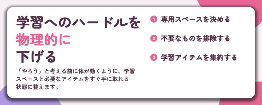 学習へのハードルを 物理的に 下げる。専用スペースを決める、不要なものを排除する、学習アイテムを集約する