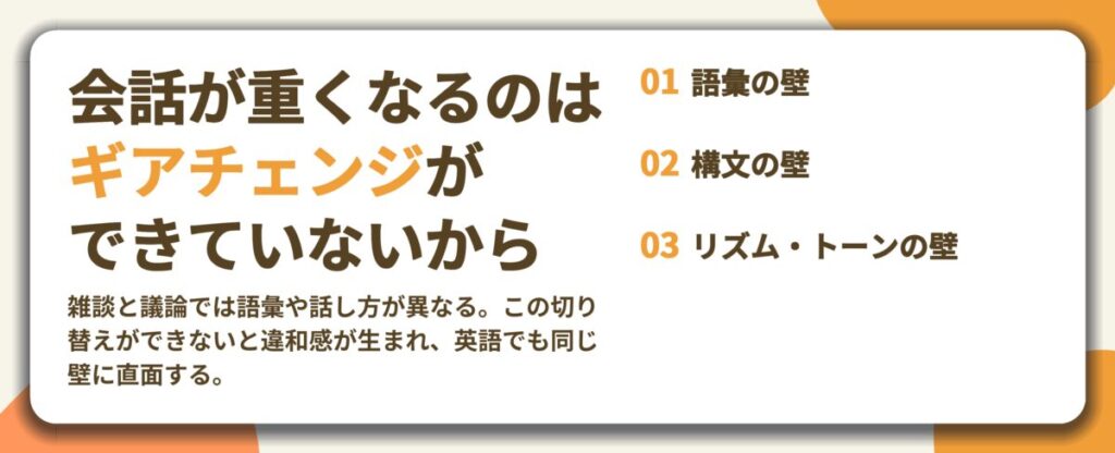 会話が重くなるのは ギアチェンジが できていないから。語彙の壁、構文の壁、リズム・トーンの壁