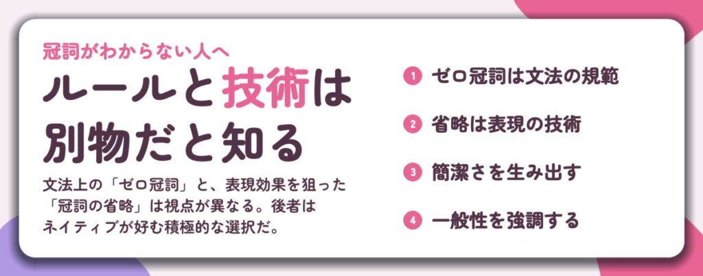 ルールと技術は 別物だと知る。ゼロ冠詞は文法の規範、省略は表現の技術、簡潔さを生み出す、一般性を強調する