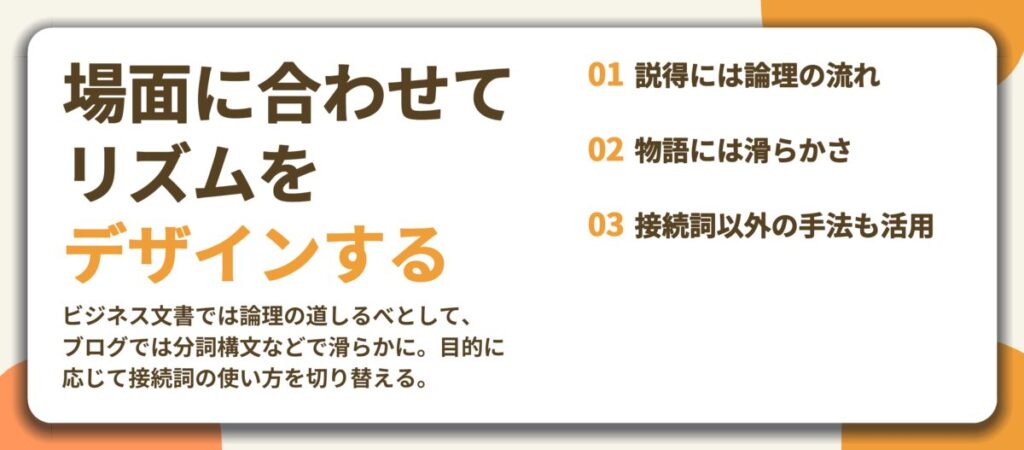 場面に合わせて リズムを デザインする。説得には論理の流れ、物語には滑らかさ、接続詞以外の手法も活用