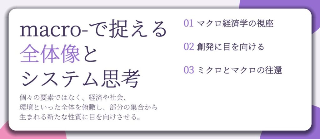 macro-で捉える 全体像と システム思考。マクロ経済学の視座、創発に目を向ける、ミクロとマクロの往還