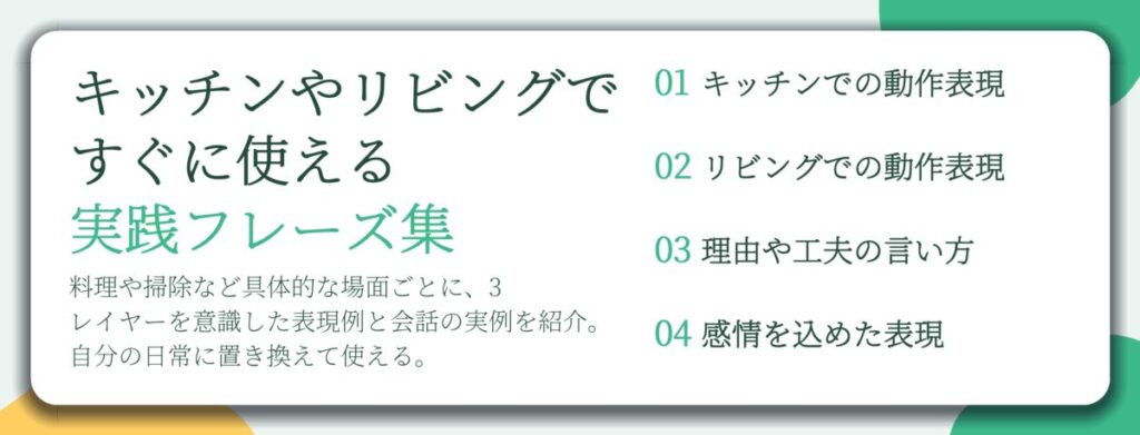 キッチンやリビングで すぐに使える 実践フレーズ集。キッチンでの動作表現、リビングでの動作表現、理由や工夫の言い方、感情を込めた表現