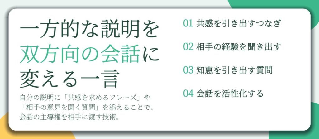 一方的な説明を 双方向の会話に 変える一言。共感を引き出すつなぎ、相手の経験を聞き出す、知恵を引き出す質問、会話を活性化する