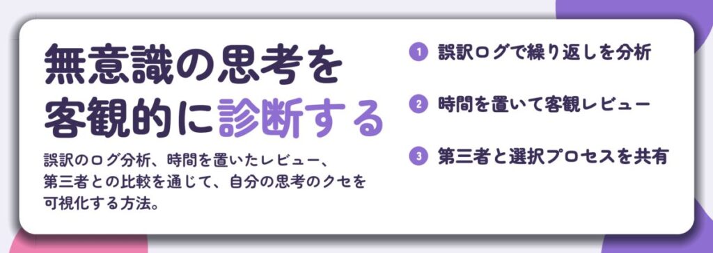 無意識の思考を 客観的に診断する。誤訳ログで繰り返しを分析、時間を置いて客観レビュー、第三者と選択プロセスを共有