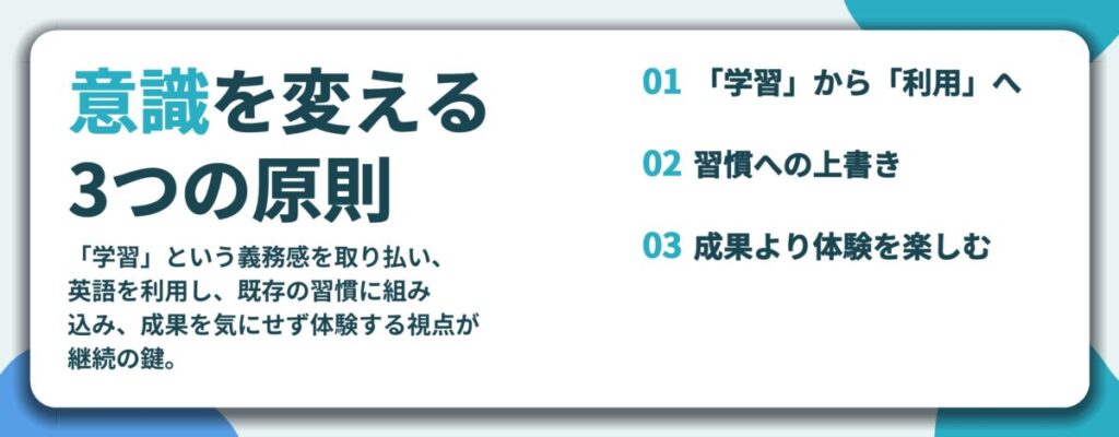 意識を変える 3つの原則。「学習」から「利用」へ、習慣への上書き、成果より体験を楽しむ