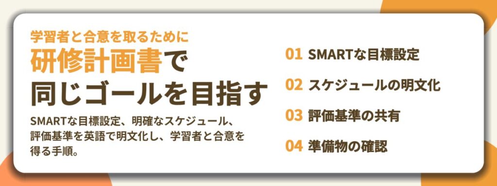 研修計画書で 同じゴールを目指す。SMARTな目標設定、スケジュールの明文化、評価基準の共有、準備物の確認
