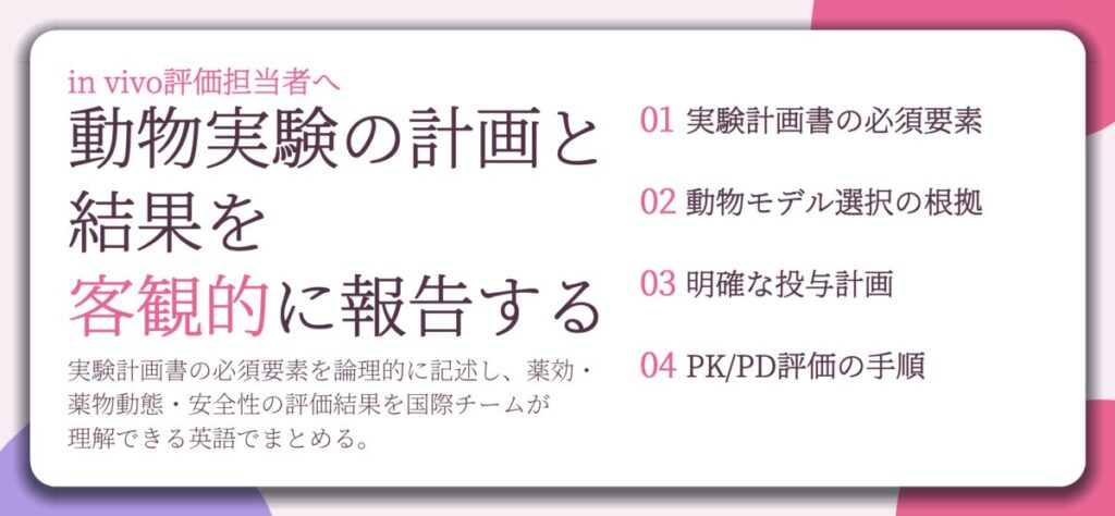 動物実験の計画と 結果を 客観的に報告する。実験計画書の必須要素、動物モデル選択の根拠、明確な投与計画、PK/PD評価の手順