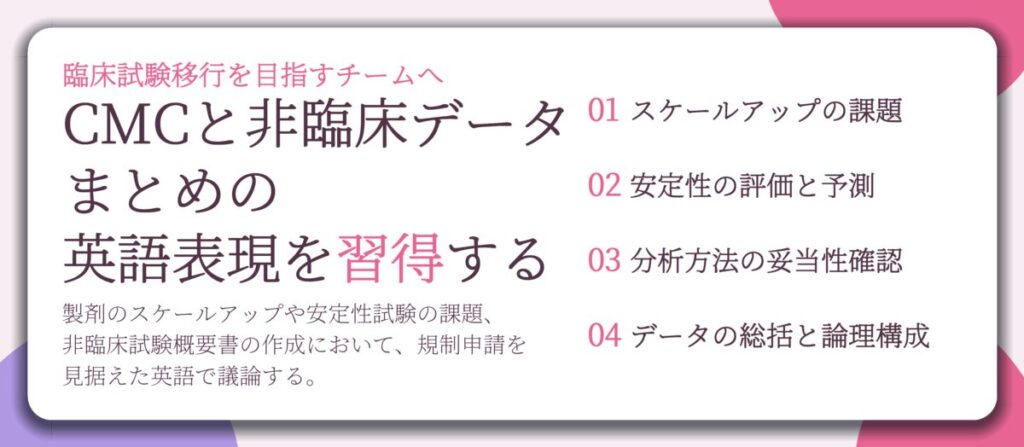CMCと非臨床データ まとめの 英語表現を習得する。スケールアップの課題、安定性の評価と予測、分析方法の妥当性確認、データの総括と論理構成
