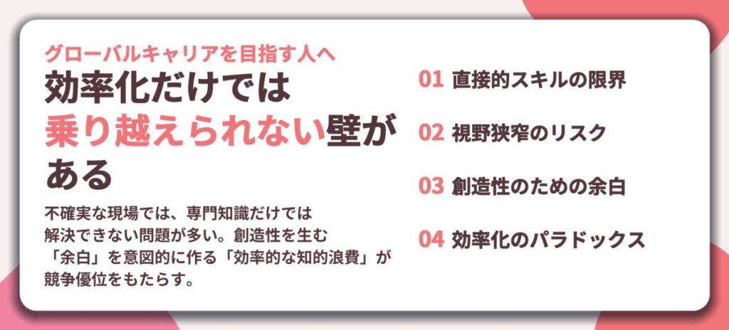 効率化だけでは 乗り越えられない壁が ある。直接的スキルの限界、視野狭窄のリスク、創造性のための余白、効率化のパラドックス