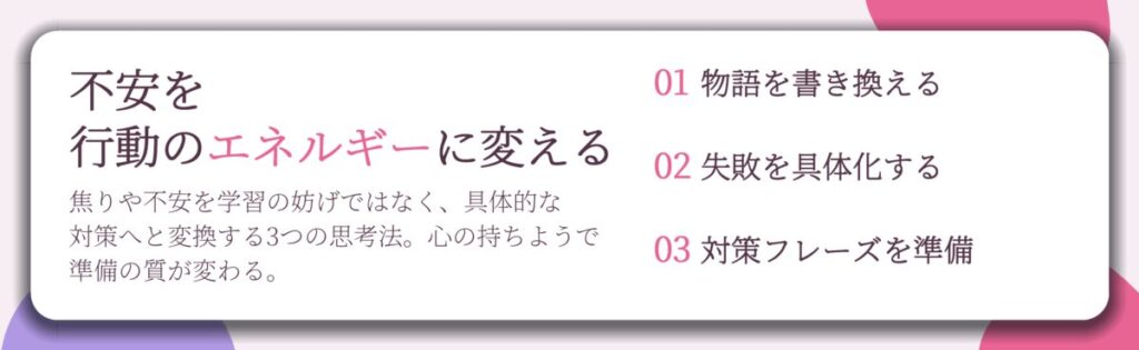 不安を 行動のエネルギーに変える。物語を書き換える、失敗を具体化する、対策フレーズを準備
