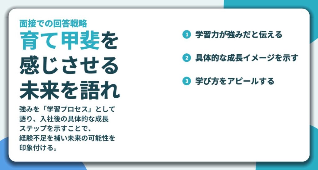 育て甲斐を 感じさせる 未来を語れ。学習力が強みだと伝える、具体的な成長イメージを示す、学び方をアピールする