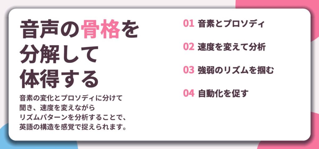 音声の骨格を 分解して 体得する。音素とプロソディ、速度を変えて分析、強弱のリズムを掴む、自動化を促す