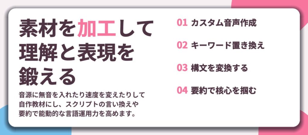 素材を加工して 理解と表現を 鍛える。カスタム音声作成、キーワード置き換え、構文を変換する、要約で核心を掴む