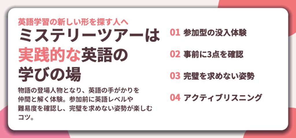 ミステリーツアーは 実践的な英語の 学びの場。参加型の没入体験、事前に3点を確認、完璧を求めない姿勢、アクティブリスニング