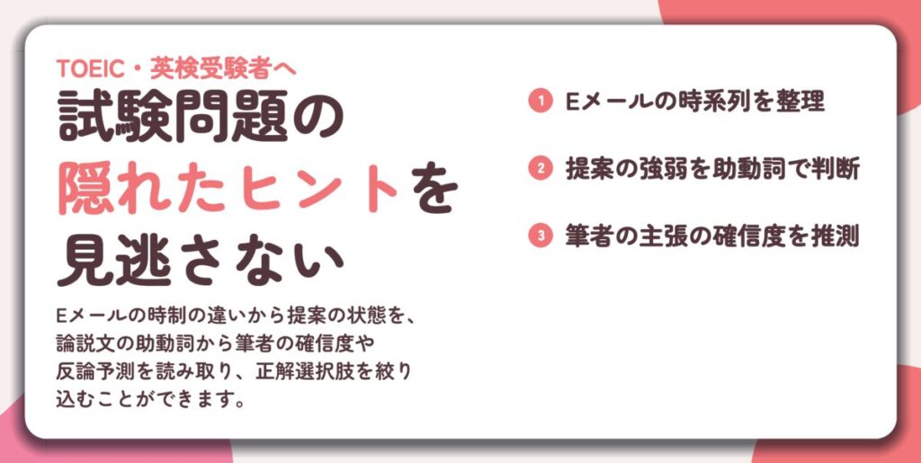 試験問題の 隠れたヒントを 見逃さない。Eメールの時系列を整理、提案の強弱を助動詞で判断、筆者の主張の確信度を推測