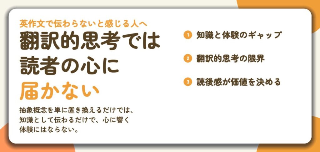 翻訳的思考では 読者の心に 届かない。知識と体験のギャップ、翻訳的思考の限界、読後感が価値を決める