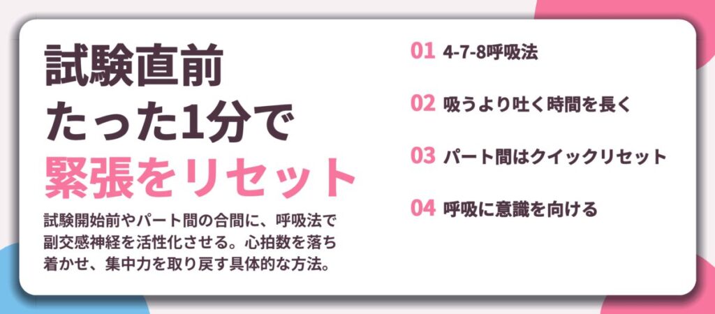 試験直前 たった1分で 緊張をリセット。4-7-8呼吸法、吸うより吐く時間を長く、パート間はクイックリセット、呼吸に意識を向ける