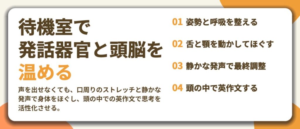待機室で 発話器官と頭脳を 温める。姿勢と呼吸を整える、舌と顎を動かしてほぐす、静かな発声で最終調整、頭の中で英作文する