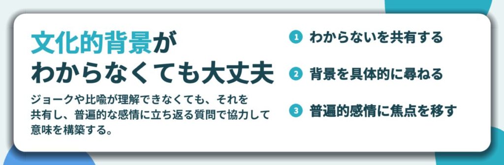文化的背景が わからなくても大丈夫。わからないを共有する、背景を具体的に尋ねる、普遍的感情に焦点を移す