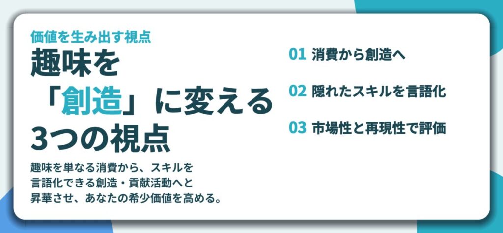 趣味を 「創造」に変える 3つの視点。消費から創造へ、隠れたスキルを言語化、市場性と再現性で評価