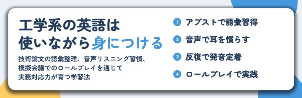工学系の英語は 使いながら身につける。アブストで語彙習得、音声で耳を慣らす、反復で発音定着、ロールプレイで実践